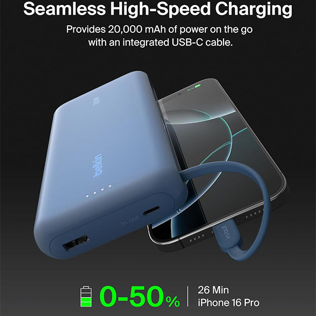 Belkin BoostCharge 20000 mAh PD 30 Watt USB-C Integrated Cable Power Bank