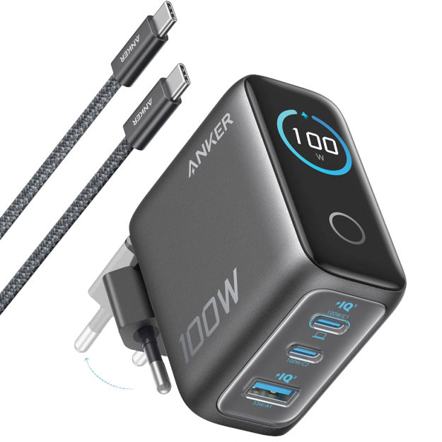 Anker 3 Port 100W GaN Laptop & Smartphone Charger With USB-C Cable - Black