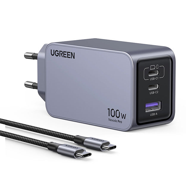 Ugreen Nexode 3 Port GaN 100W PD Charger With Cable - Grey