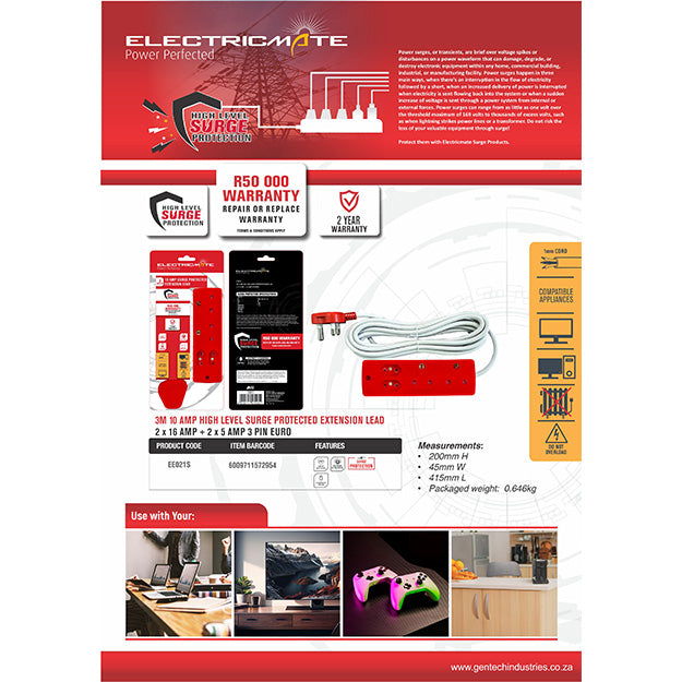 ElectricMate 3M 10 Amp Surge-Protected Extension Lead With 2 x 16 Amp And 2 x 5 Amp 3-Pin Euro Outlets