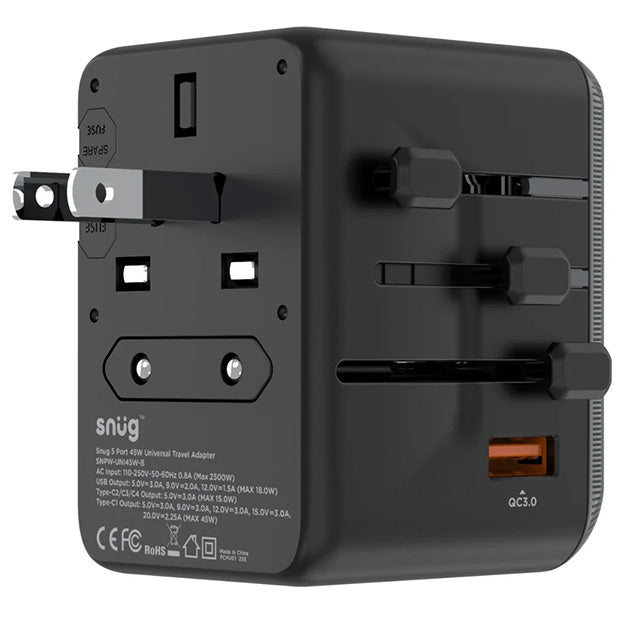 Snug 5 Port Universal Travel Adapter - 45W - Black
