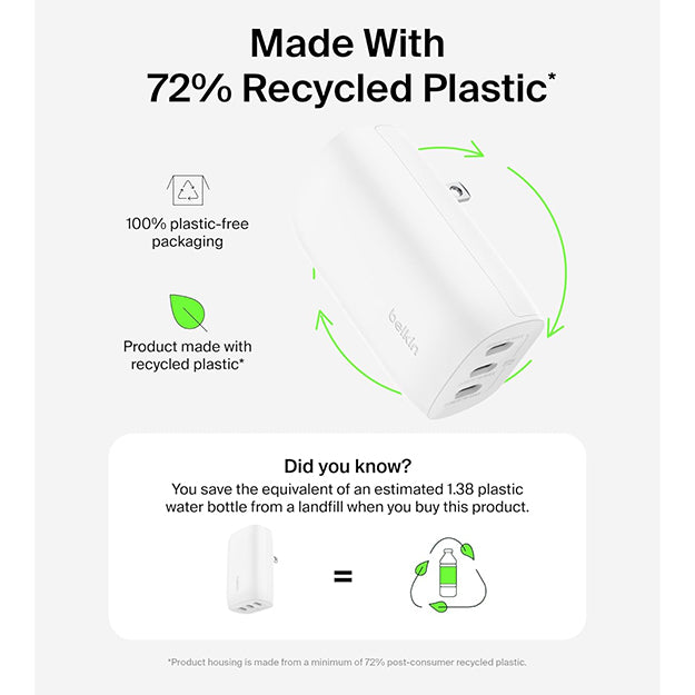 Belkin 3-In-1 67W Type-C Wall Charger With Type-C Male To Male Cable 2m - White