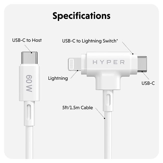 Hyper Juice USB-C And Lightning Hybrid Silicone Cable (1.5m/5ft)