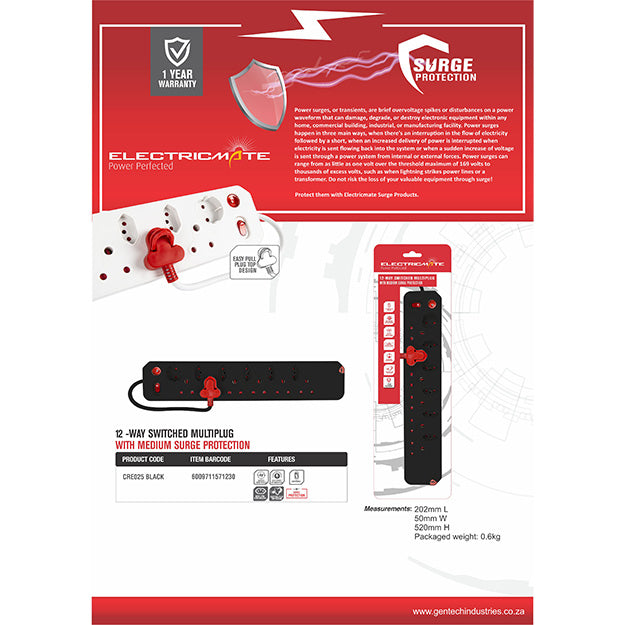 ElectricMate 12-Way Single Switch Surge Multiplug - Black