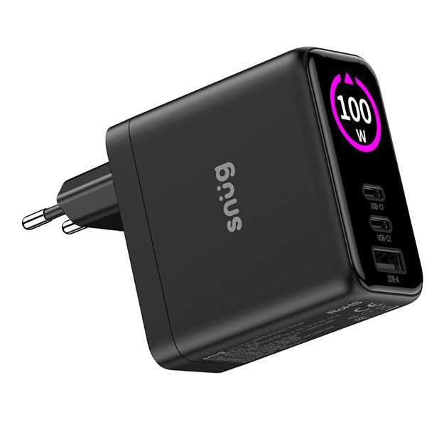 Snug Elite 3 Port GaN 100W Max Digital Display Wall Charger With USB-C Cable - Black