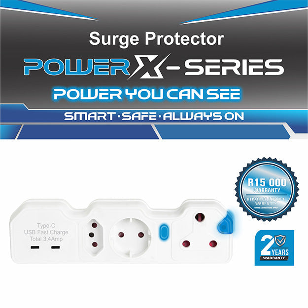 ElectricMate Power X-Series 1x16A + 1xSchuko + 1x3 Pin Euro + 3.4A USB Surge Protector Power Strip