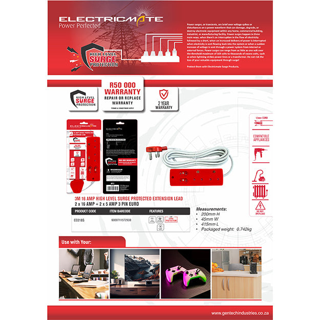 ElectricMate 16 Amp Extension Lead With High-Level Surge Protection (3M)