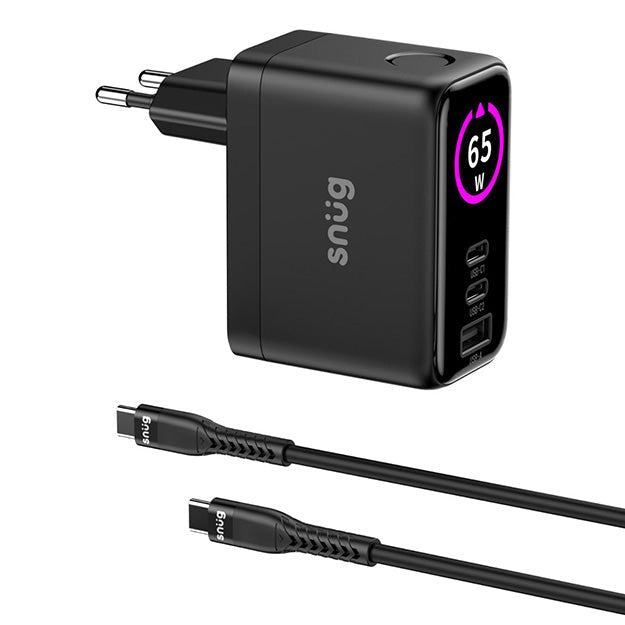 Snug Elite 3 Port GaN 65W Max Digital Display Wall Charger With USB-C Cable - Black
