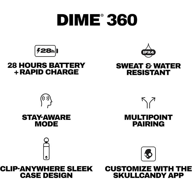 SkullCandy Dime 360 Wireless Pea Shape In-Ear Earbuds With Clip - Black