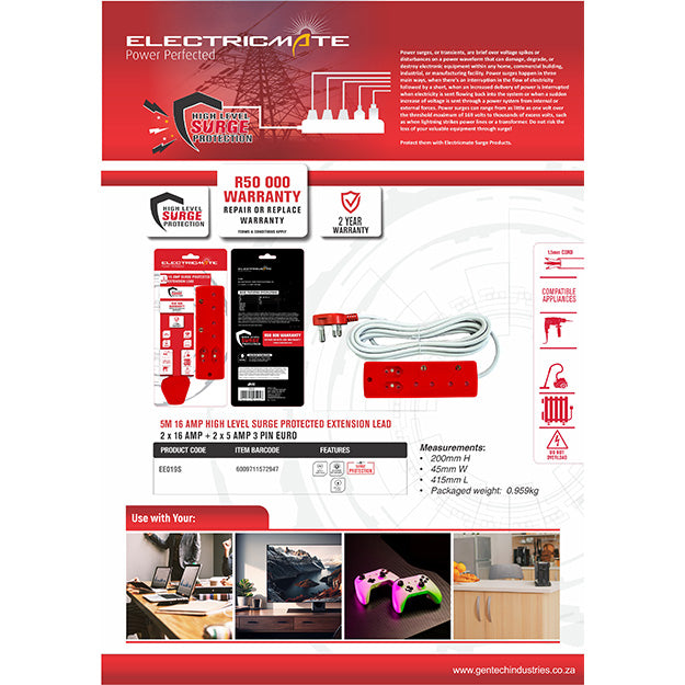ElectricMate 16 Amp Extension Lead with High-Level Surge Protection (5M)