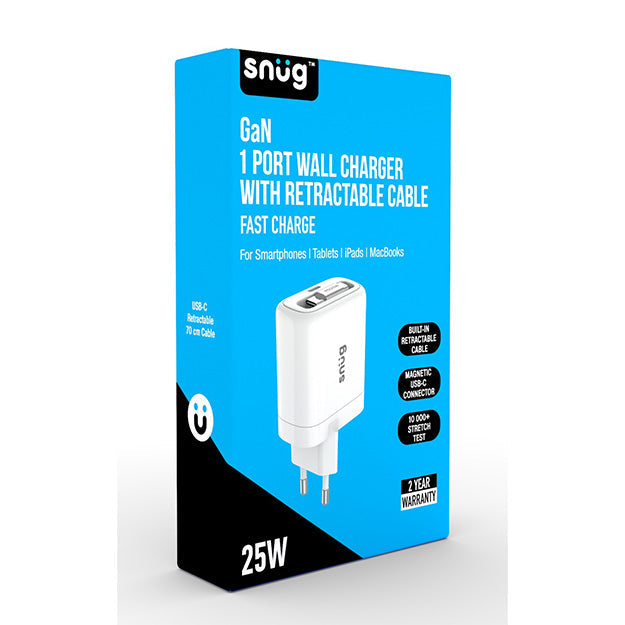 Snug 1 Port PD Charger With Retractable Cable 25W – White
