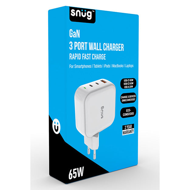 Snug GaN 3 Port USB-C Wall Charger With Rapid Fast Charge - White