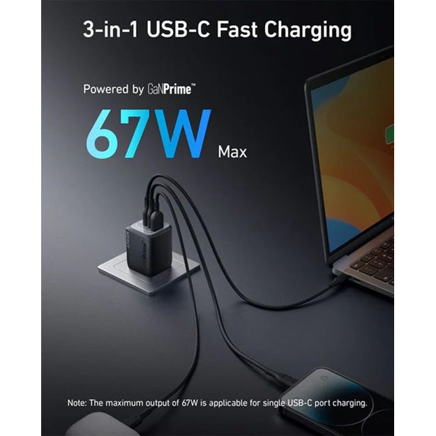 Anker 336 67W GaN 3 Port Fast Charge Wall Charger - Black