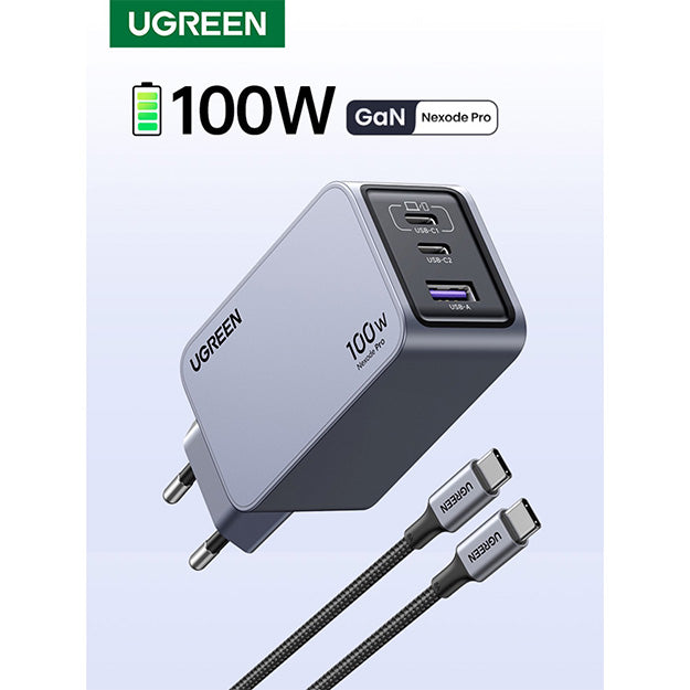 Ugreen Nexode 3 Port GaN 100W PD Charger With Cable - Grey
