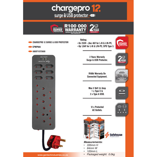 ChargePro 12 High Level Surge & USB Protector (3.4AMP USB Type-C & USB-A) - Black