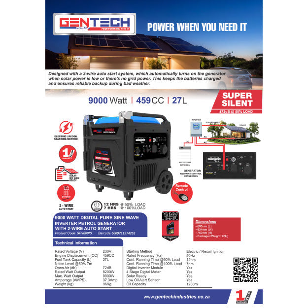Gentech 9000 Watt Pure Sine Wave Inverter Generator (GP9000IS) - Black/Blue