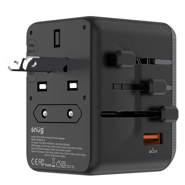 Snug 5 Port Universal Travel Adapter - 65W - Black