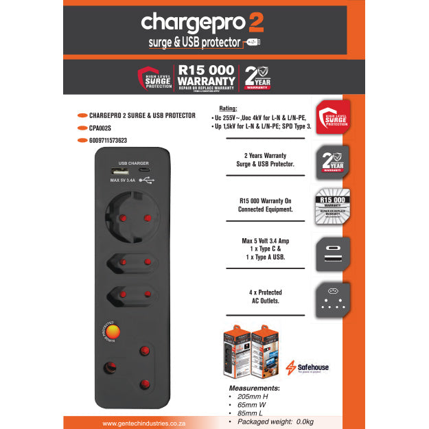 ChargePro 2 High Level Surge & USB Protector (3.4AMP USB Type-C & USB-A) - Black
