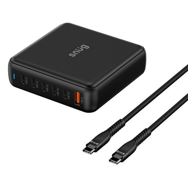 Snug Elite 6 Port GaN 200W Desktop Charger With USB-C Cable - Black