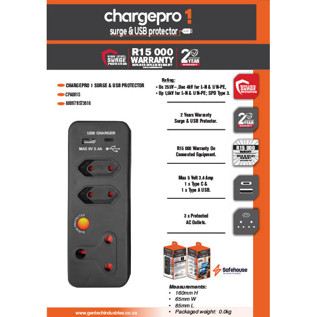 ChargePro 1 High Level Surge & USB Protector (3.4AMP USB Type-C & USB-A) - Black