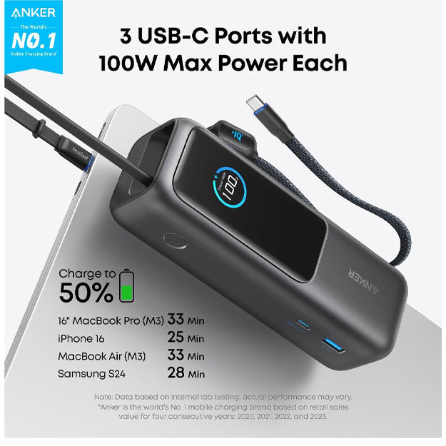 Anker 25000mAh 165W Power Bank With Retractable Cable - Black