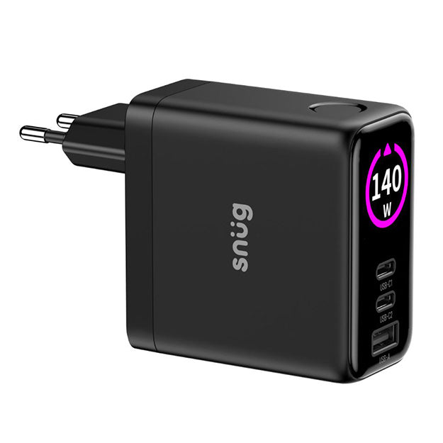 Snug Elite 3 Port GaN 140W Max Digital Display Wall Charger With USB-C Cable - Black