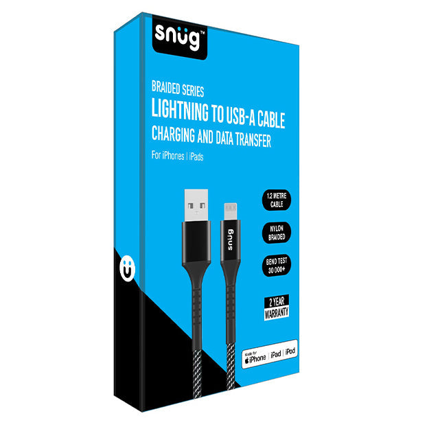 Snug Lightning To USB-A Charging And Data Transfer Braided Series Cable - Black & Silver