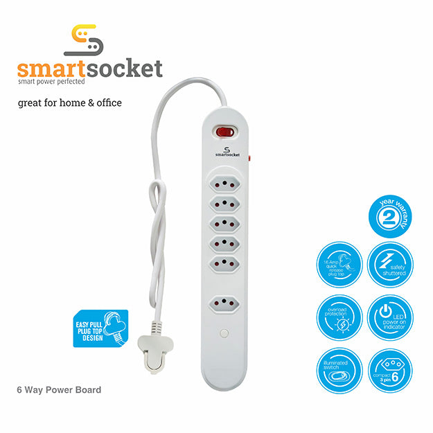 Smartsocket 6 Way Power Board - White