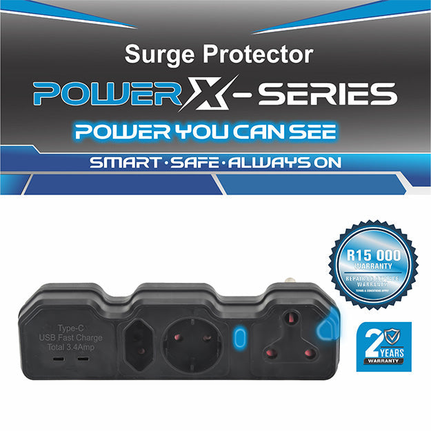ElectricMate Power X-Series 1x16A + 1xSchuko + 1x3 Pin Euro + 3.4A USB Surge Protector Power Strip