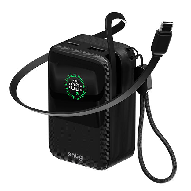 Snug Elite 10000mAh Power Bank 45W Fast Charge With Retractable Cable - Black