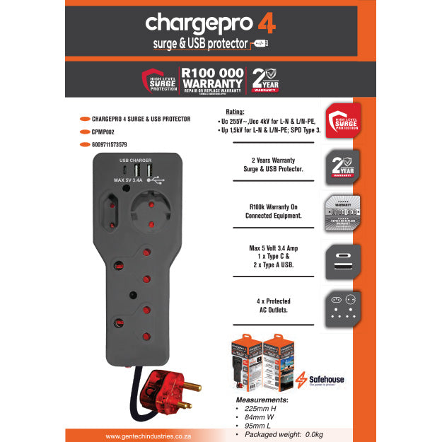 ChargePro 4 High Level Surge & USB Protector (3.4AMP USB Type-C & USB-A) - Black