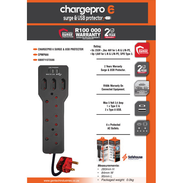 ChargePro 6 High level Surge & USB Protector (3.4AMP USB Type-C & USB-A) - Black