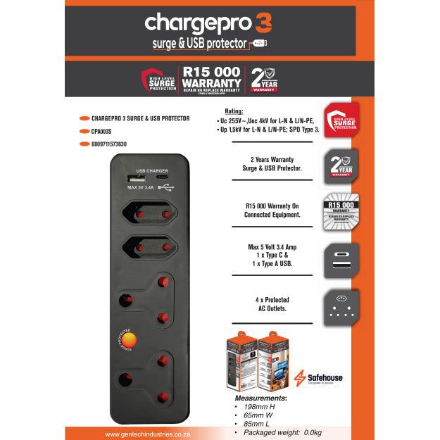 ChargePro 3 High Level Surge & USB Protector (3.4AMP USB Type-C & USB-A) - Black