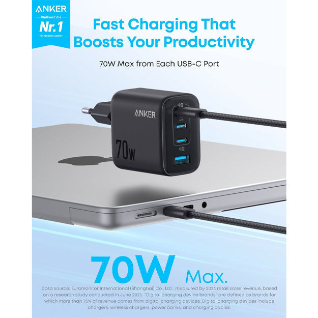 Anker 4 Port 70W GaN Laptop & Smartphone Charger With USB-C Cable - Black