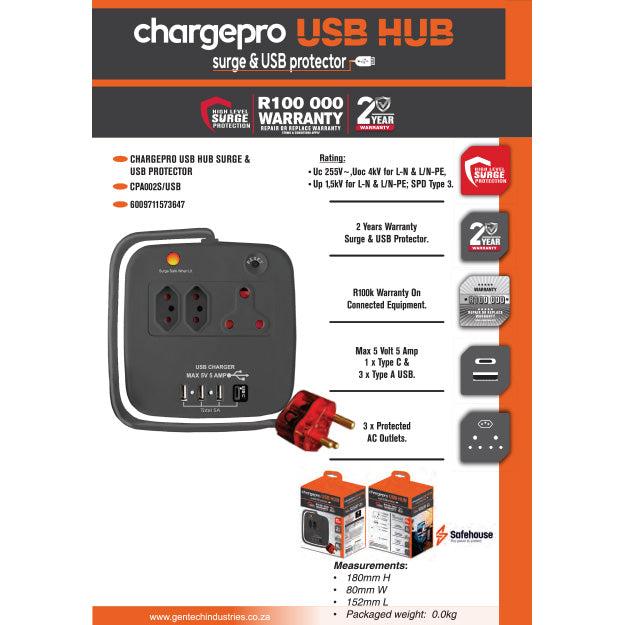 ChargePro USB Hub High Level Surge & USB Protector (5A USB Type-C & USB-A) - Black