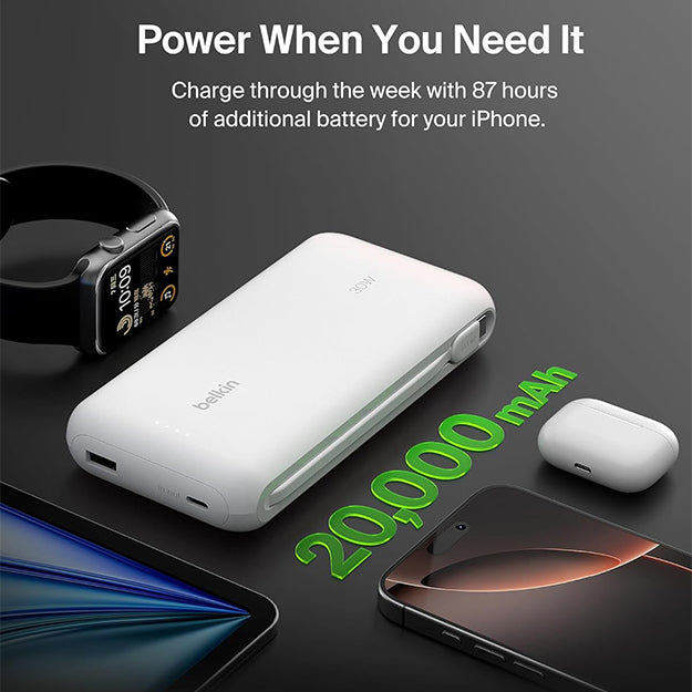 Belkin BoostCharge 20000 mAh PD 30 Watt USB-C Integrated Cable Power Bank