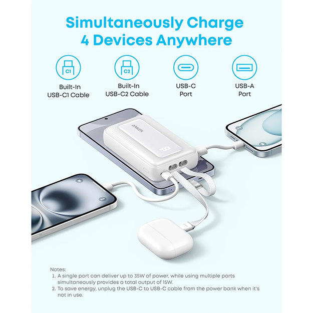 Anker Zolo 10000mAh 35W Power Bank With Dual Built-In USB-C Cables - White