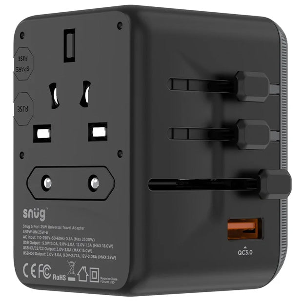 Snug 5 Port Universal Travel Adapter - 25W - Black