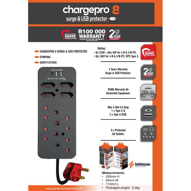 ChargePro 8 High Level Surge & USB Protector (3.4AMP USB Type-C & USB-A) - Black