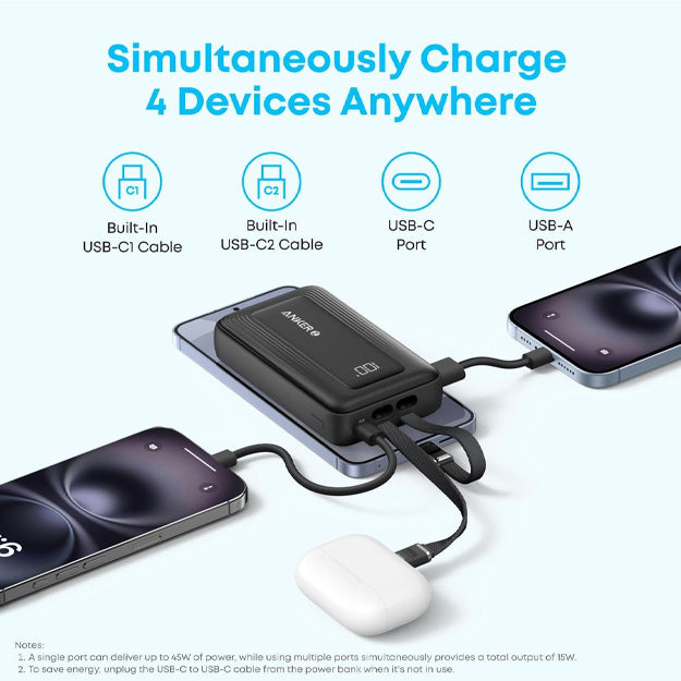 Anker Zolo 20 000mAh 45W Power Bank With Built-In Dual USB-C Cables - Black