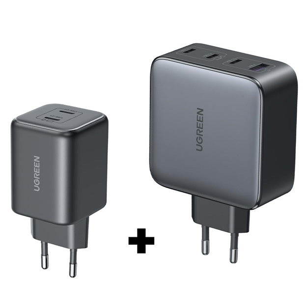 UGreen Nexode 100W USB-C GaN 4 Port Charger + UGreen 45W USB-C 2 Port GAN PD Wall Charger Bundle - Black