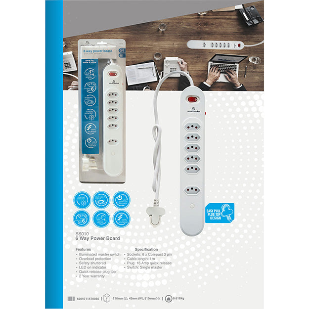 Smartsocket 6 Way Power Board - White