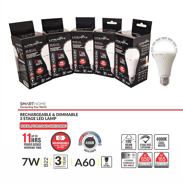 LiteMate Smarthome A60 7-Watt E27 Rechargable & Dimmable 3 Stage LED Lamp (5 Pack)