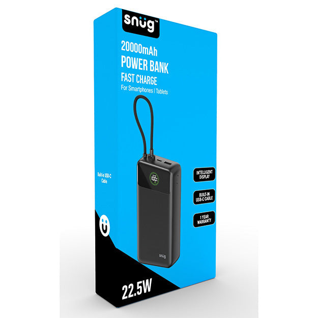 Snug 20000mAh Power Bank Fast Charge Intelligent Display With Built In USB-C Cable - Black