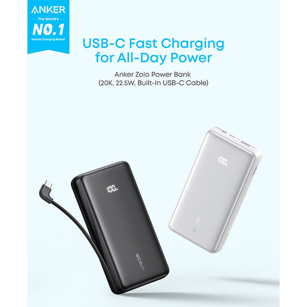 Anker Zolo 20 000mAh 22.5W Fast Charging Power Bank With Type-C Cable - White