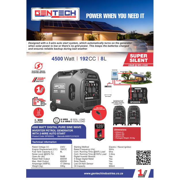 Gentech Power 4500 Watt Digital Pure Sine Wave Petrol Inverter Generator - Black