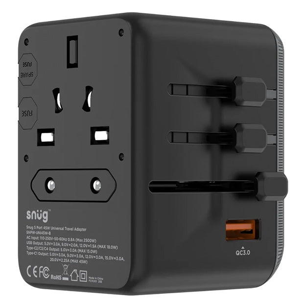 Snug 5 Port Universal Travel Adapter - 45W - Black