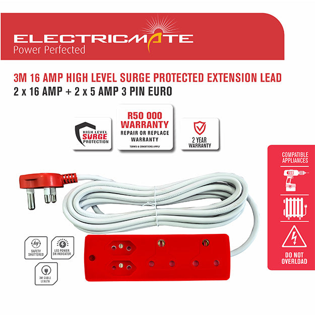 ElectricMate 16 Amp Extension Lead With High-Level Surge Protection (3M)