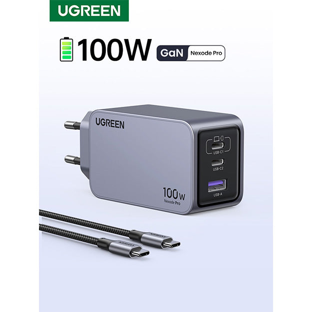 Ugreen Nexode 3 Port GaN 100W PD Charger With Cable - Grey