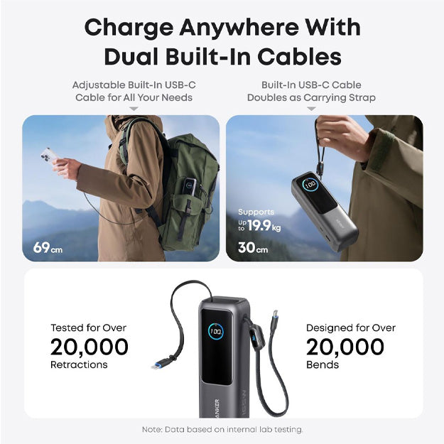 Anker 25000mAh 165W Power Bank With Retractable Cable - Black